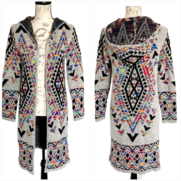 Anthropologie Northern Angel long Cardigan Aztec Rainbow Duster M boho hooded - Picture 1 of 16